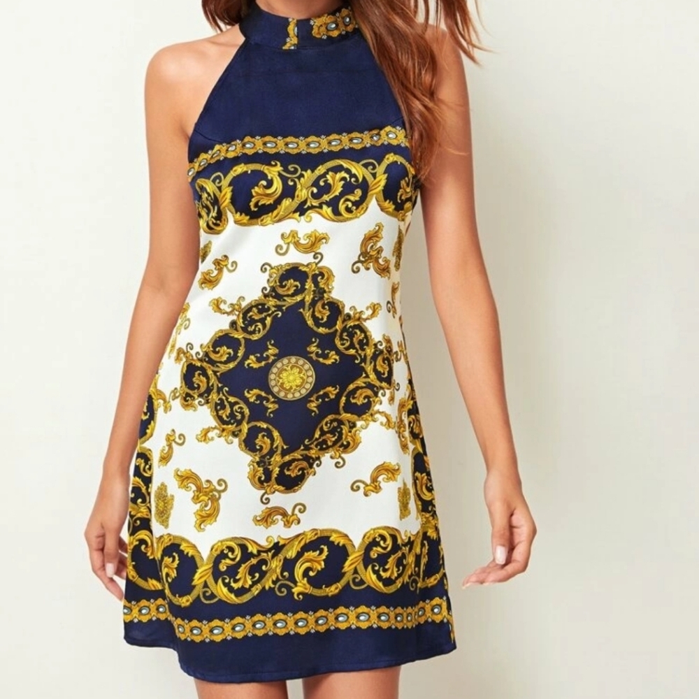 Halter neck baroque print dress
